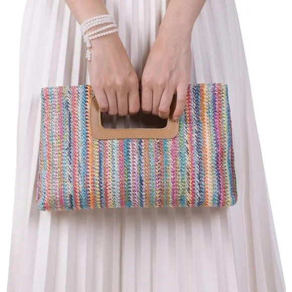 Women Straw Clutch Purse Top Handle Crossbody Woven Envelope Evening Bag